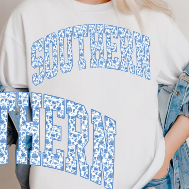 White sweatshirt with blue 'SOUTHERN' text on a plain background